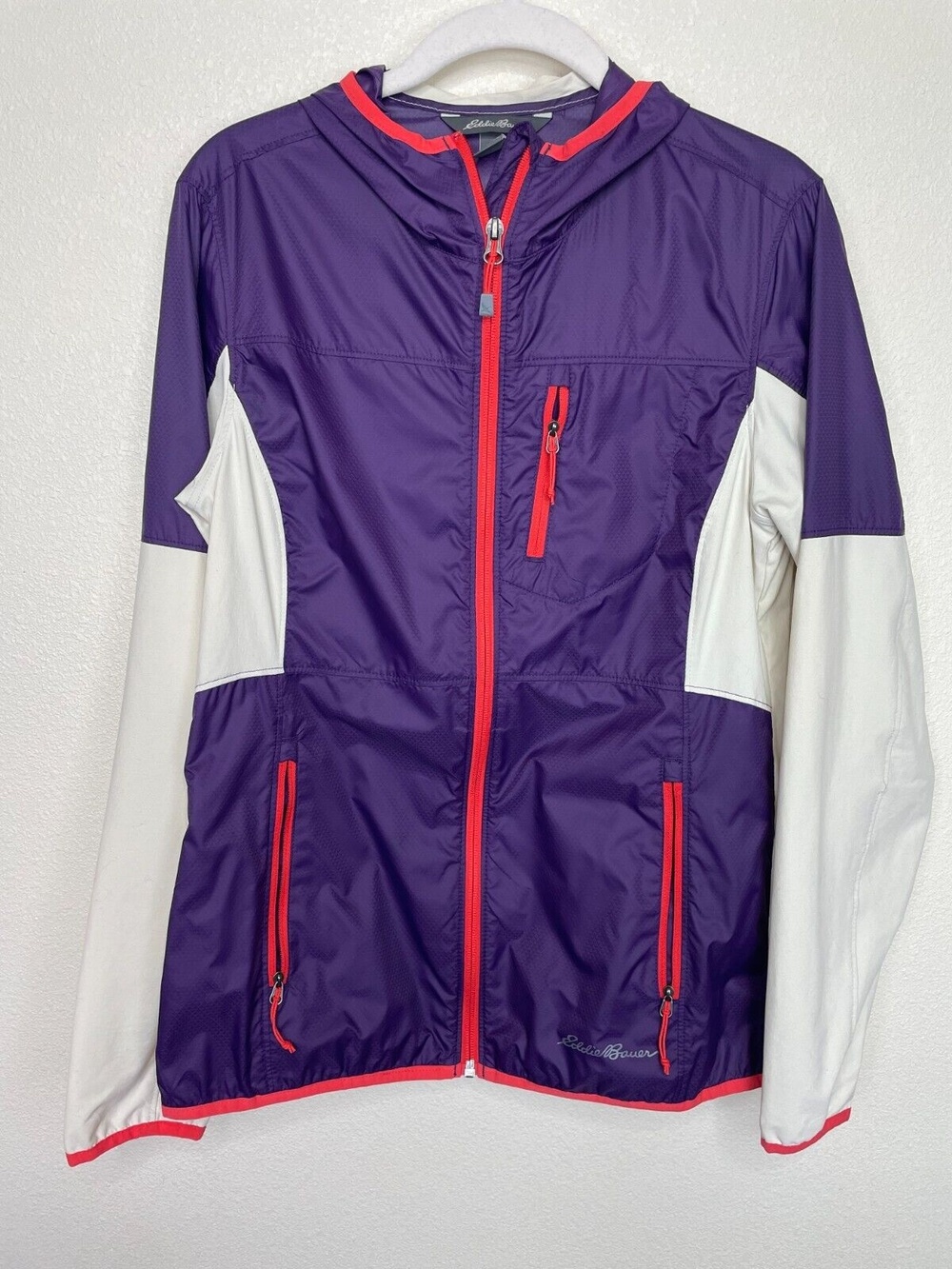 Eddie Bauer Small Windbreaker Jacket Purple Full Zip Long Sleeve Pockets Retro